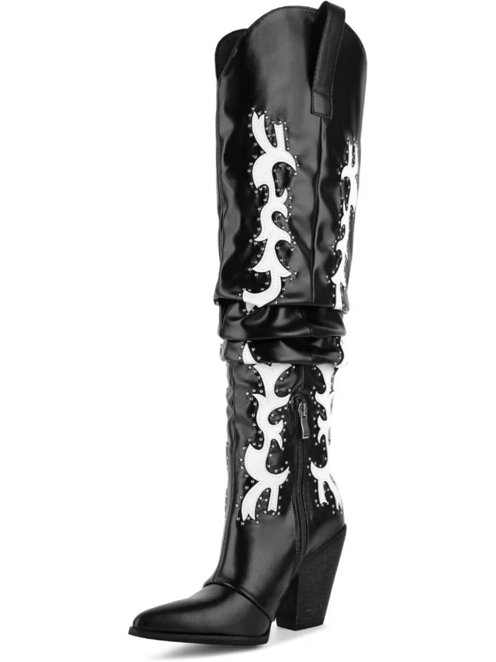 Women's Black Pointed Toe Platform Studded Slouch Cowgirl Over The Knee Boots